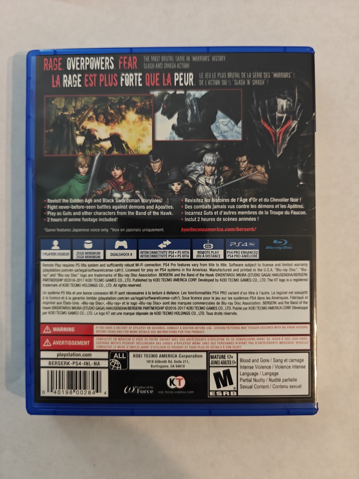 KOEI TECMO Berserk and the Band of the Hawk PS4 M NTSC-U/C 2017 Manual