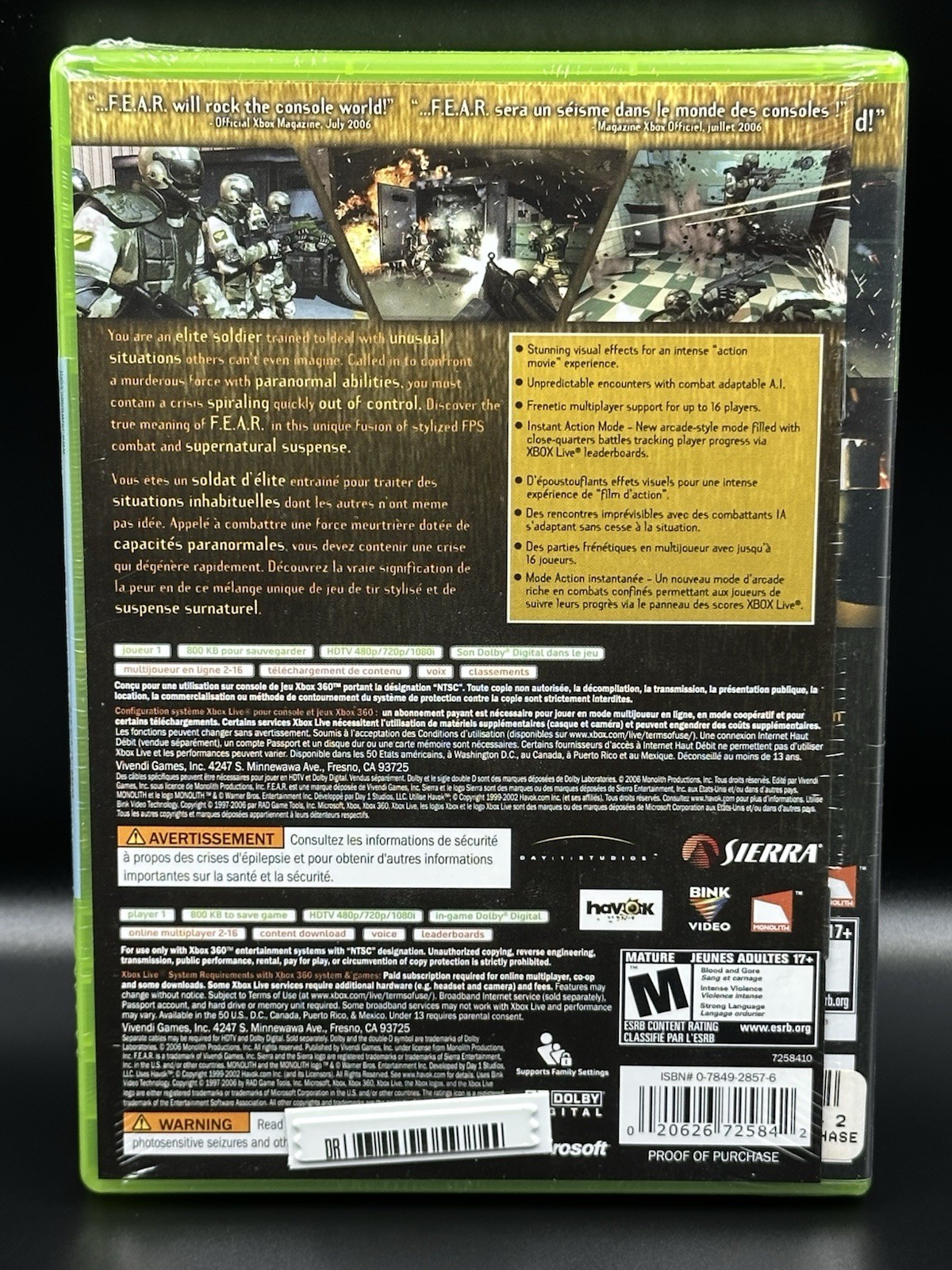 F.E.A.R. • Sealed • Canadian • Xbox 360