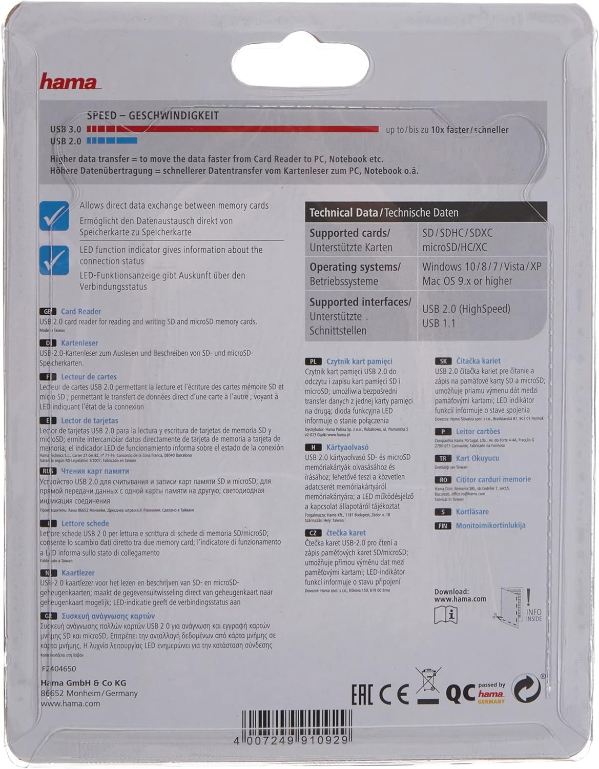 Hama 91092 8 in1 SD/MicroSD Card Reader with Direct USB 2.0 Connection, Transp