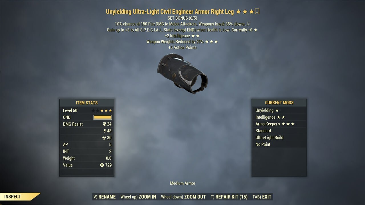 FALLOUT 76 PC CIVIL ENGINEER ARMOR SET UNYIELDING +10 INTELLIGENCE ARMS KEEPER
