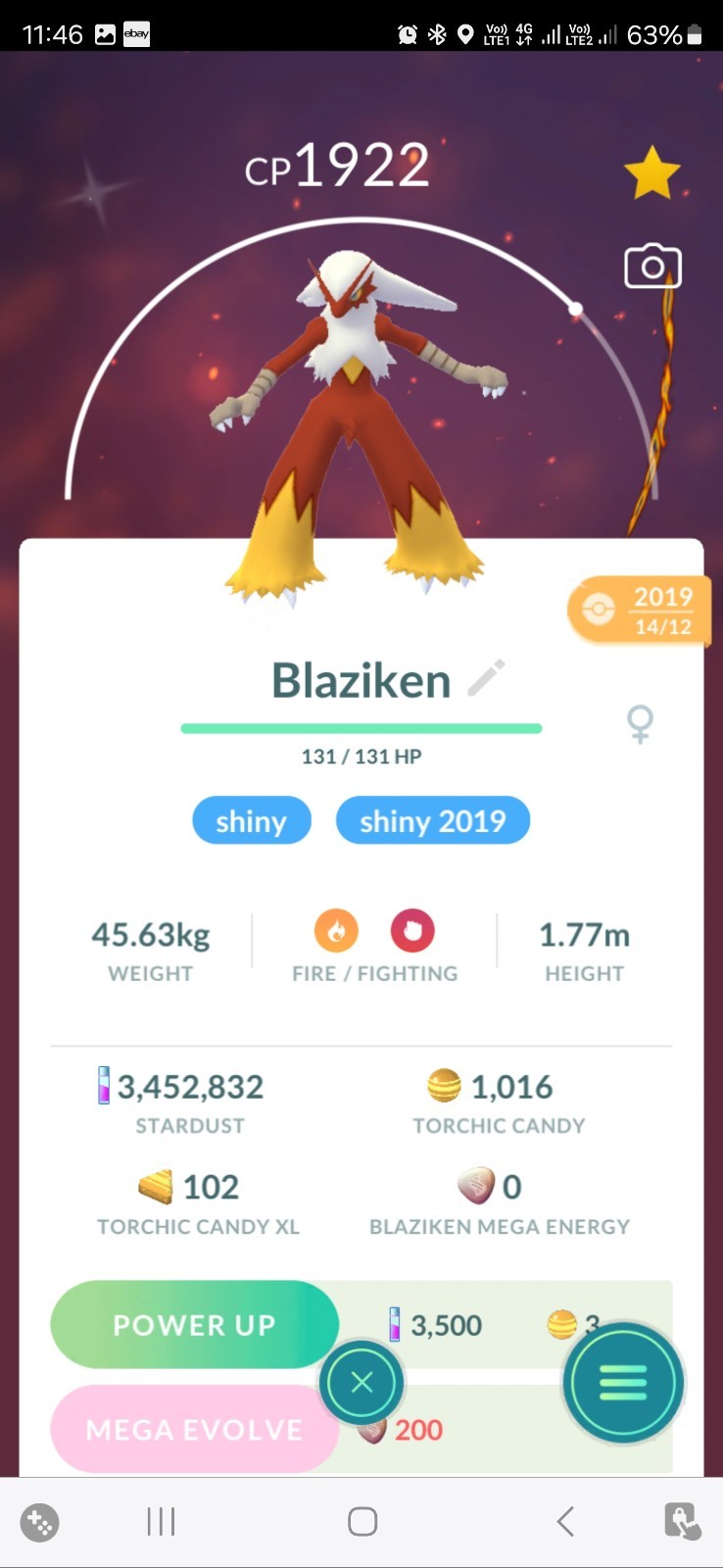 Shiny Blaziken ( Caught In 2019 ) Pokemon Tr@de Go