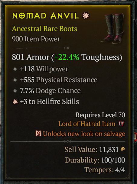 😈 DIABLO 4 SEASON 13 😈 1 GA 🔥 Ancestral Rare Boots 🔥 +3 Hellfire Skills