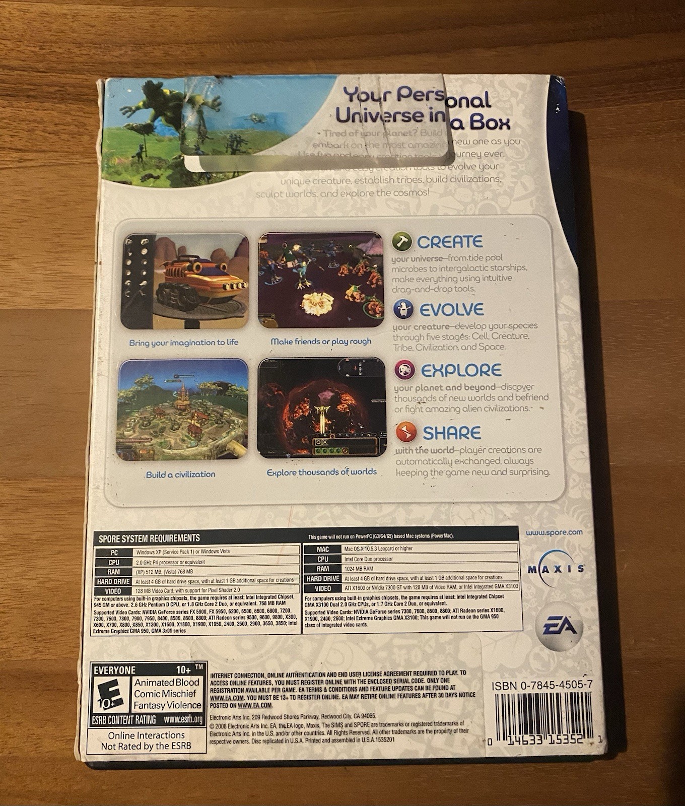 EA Spore PC/Mac DVD-ROM, E10+ 2008 Simulation, Case Manual Disc, Internet Req