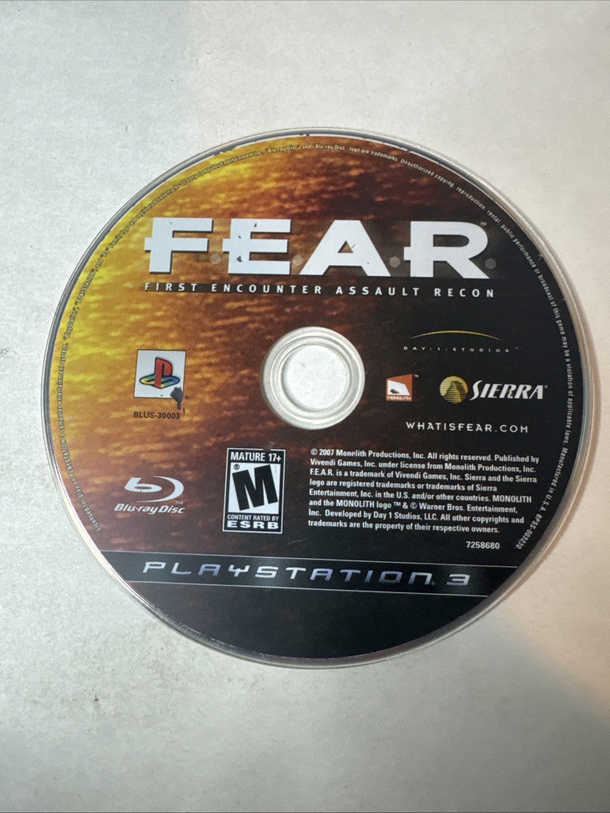 F.E.A.R. First Encounter Assault Recon (Sony PlayStation 3, 2007) Disc Only