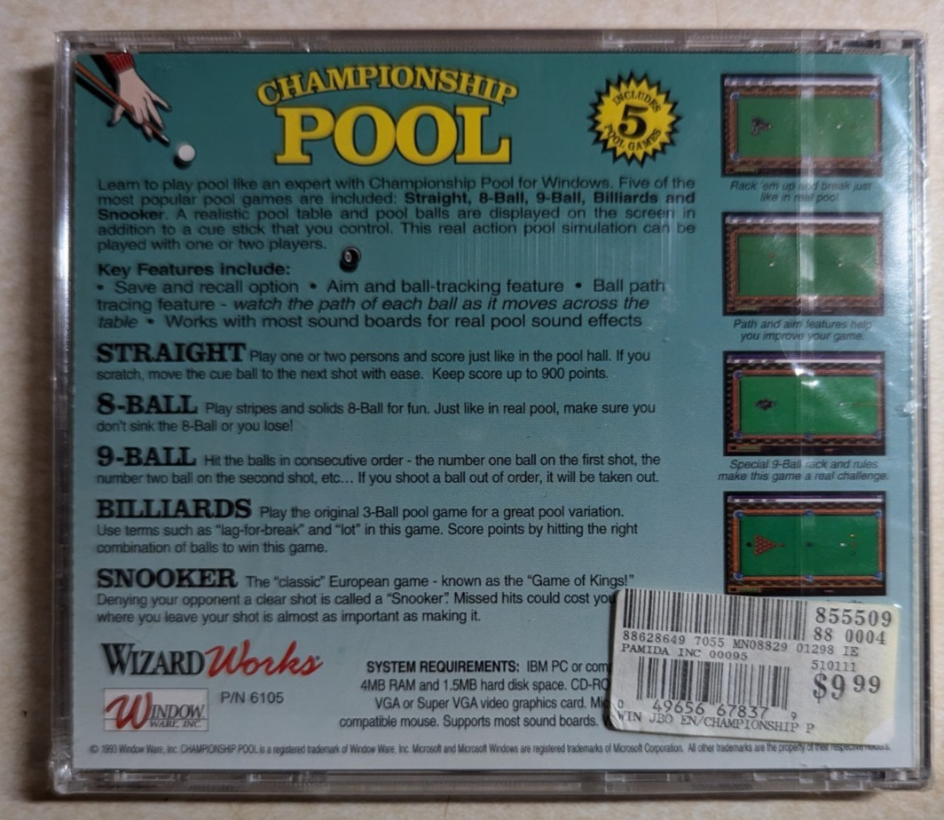Championship Pool PC Microsoft Windows 3.1 1993 Brand New Sealed Billiards Fast