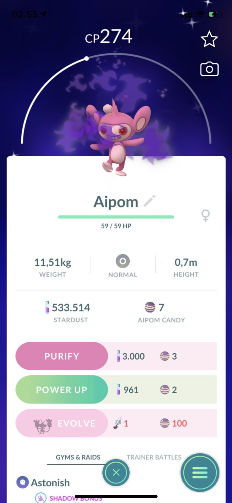 Pokémon Go – Shiny Shadow Aipom ( Purified) Trade ( Registered)