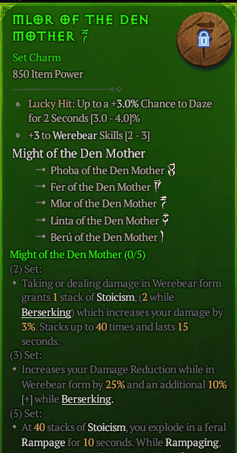 Season 14 Diablo 4 Softcore The Den Mother Charm Set +4 +3 Werebear skill