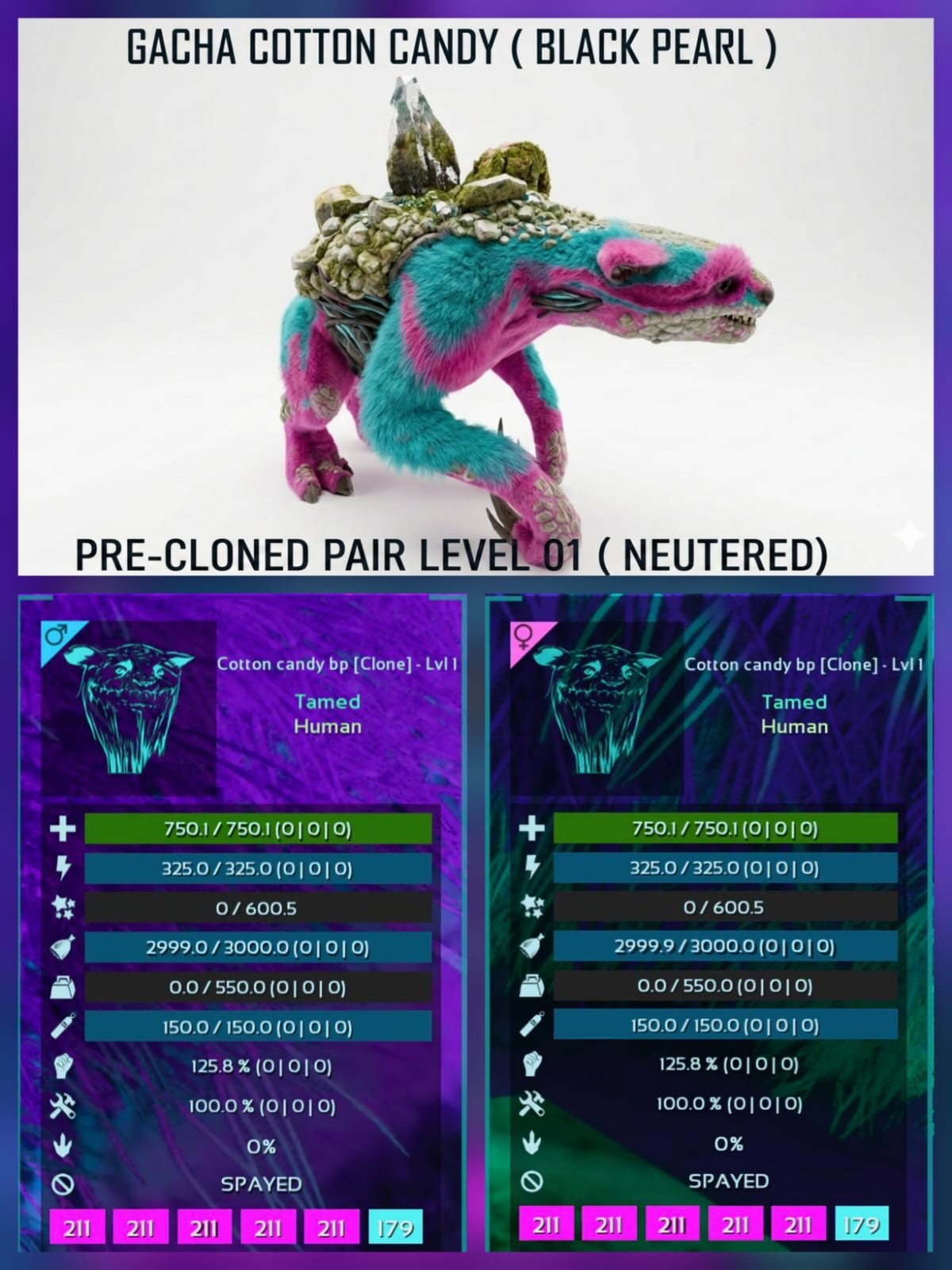 GACHA Full Color Pre-Cloned Pair neutered Ark Ascended Official PVE PC/XBOX/PS5