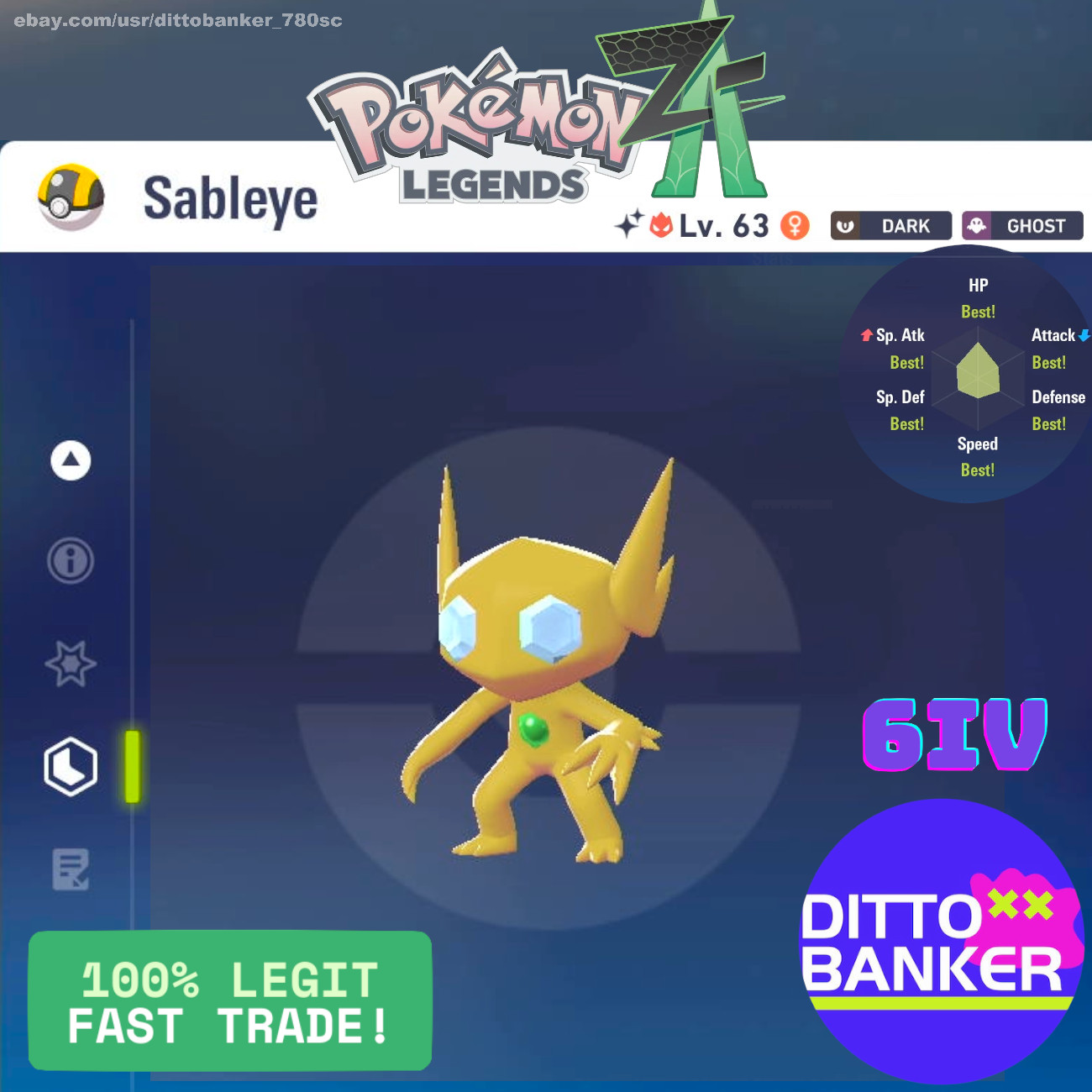 Pokemon Legends ZA✨SHINY SABLEYE Lv63 ALPHA 6IV/Modest FAST Tradę NEW! Untouched