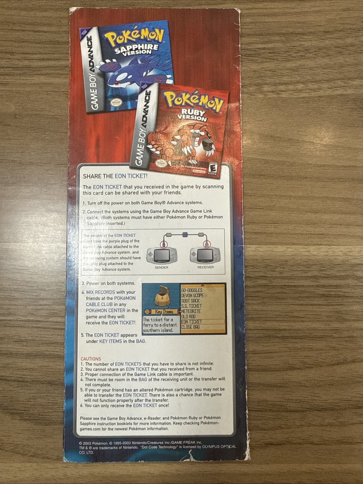 Pokémon Ruby & Sapphire SS Tidal Eon Ticket – Toys R Us eReader GBA FREE SHIP