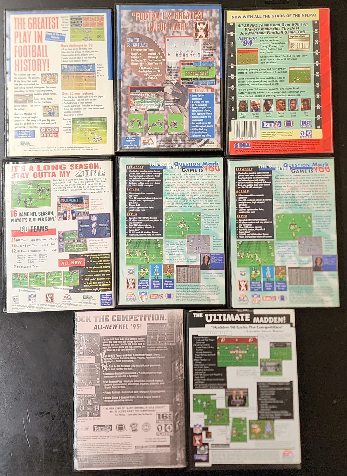 Lot of 8 SEGA Genesis Football Games, John Madden NFL 1992 to 1996, CIB Complete