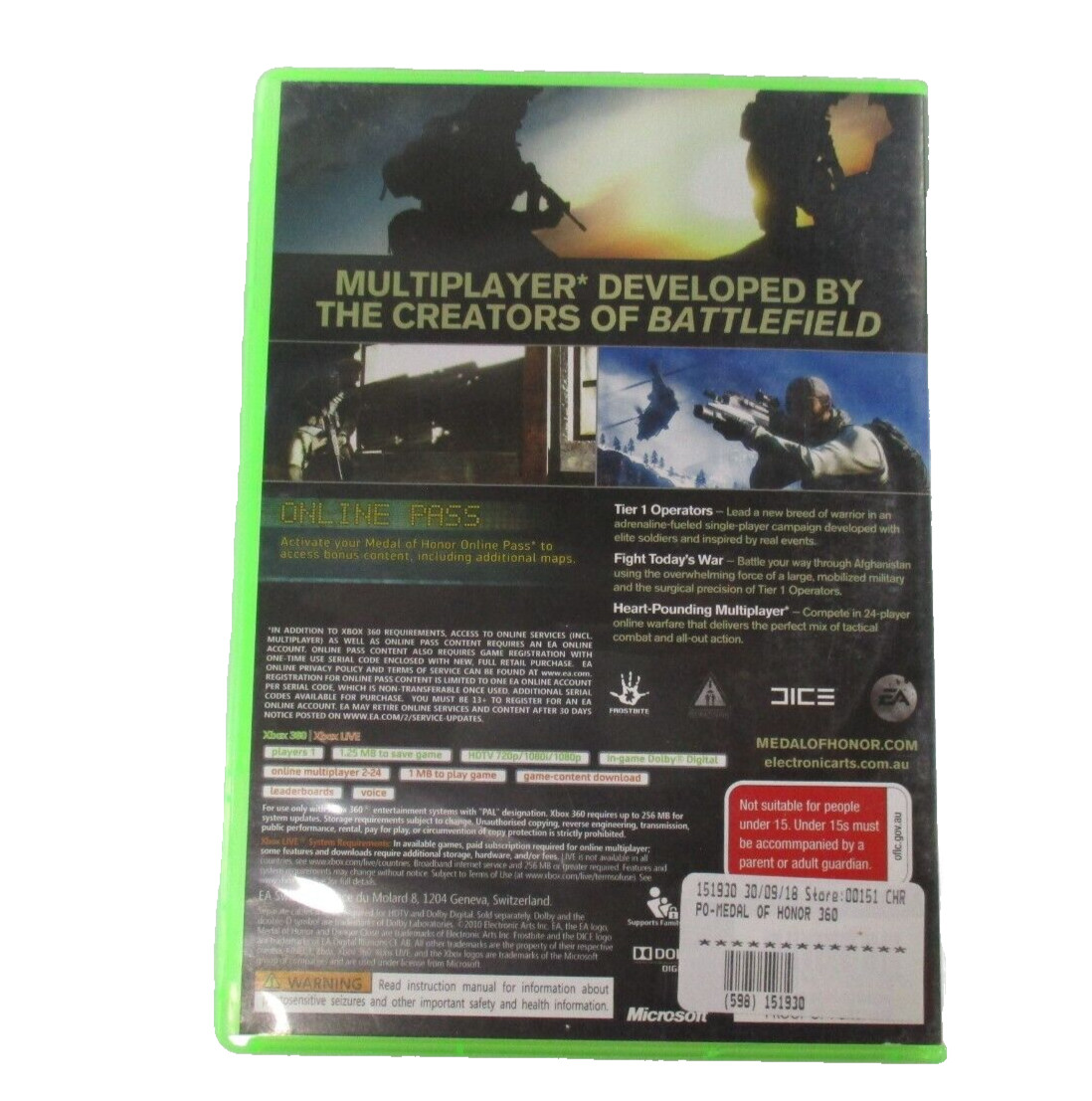 Medal Of Honor XBOX 360 MA15+ PAL R4 2010 EA Games No Manual Tested