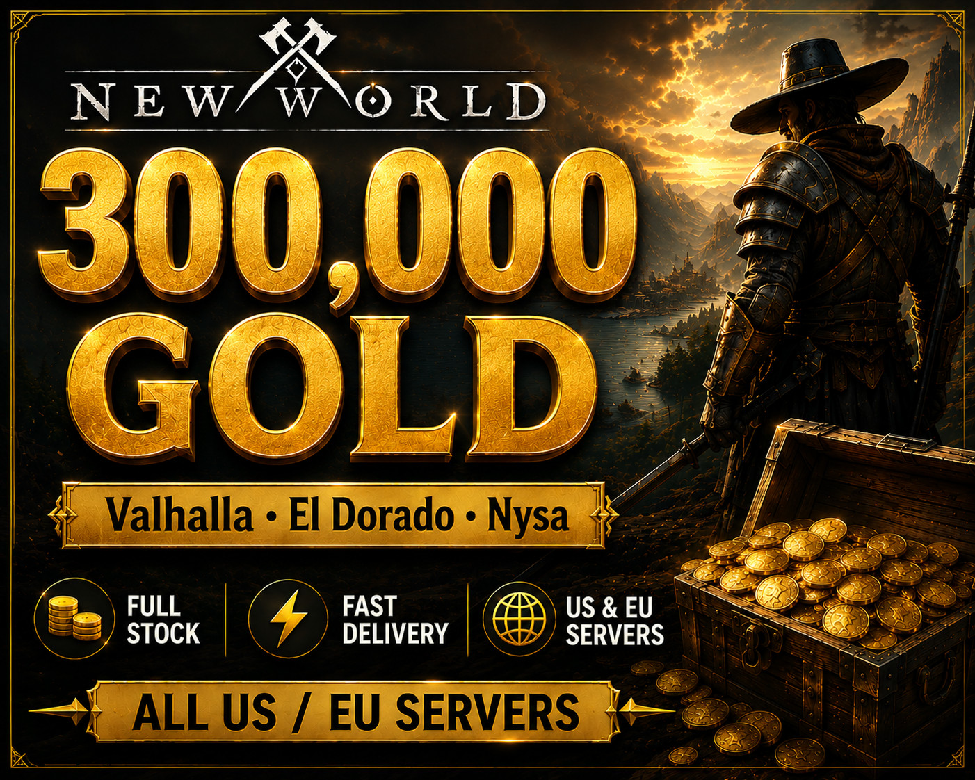 New World Gold Coins 300k /300 000 Coins / US East West / EU / Any servers