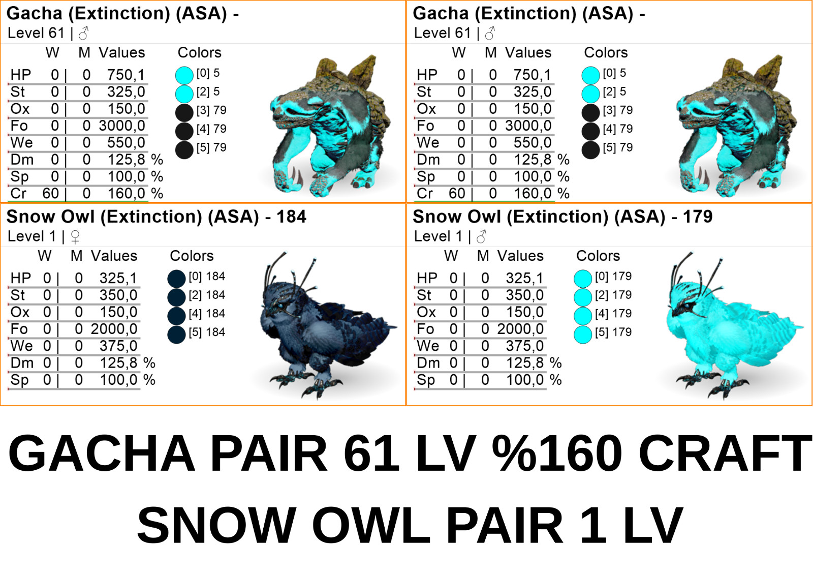Gacha 0 Crafting Skill +Gift Snow Owl Pair Ark Survival Ascended Official PVE