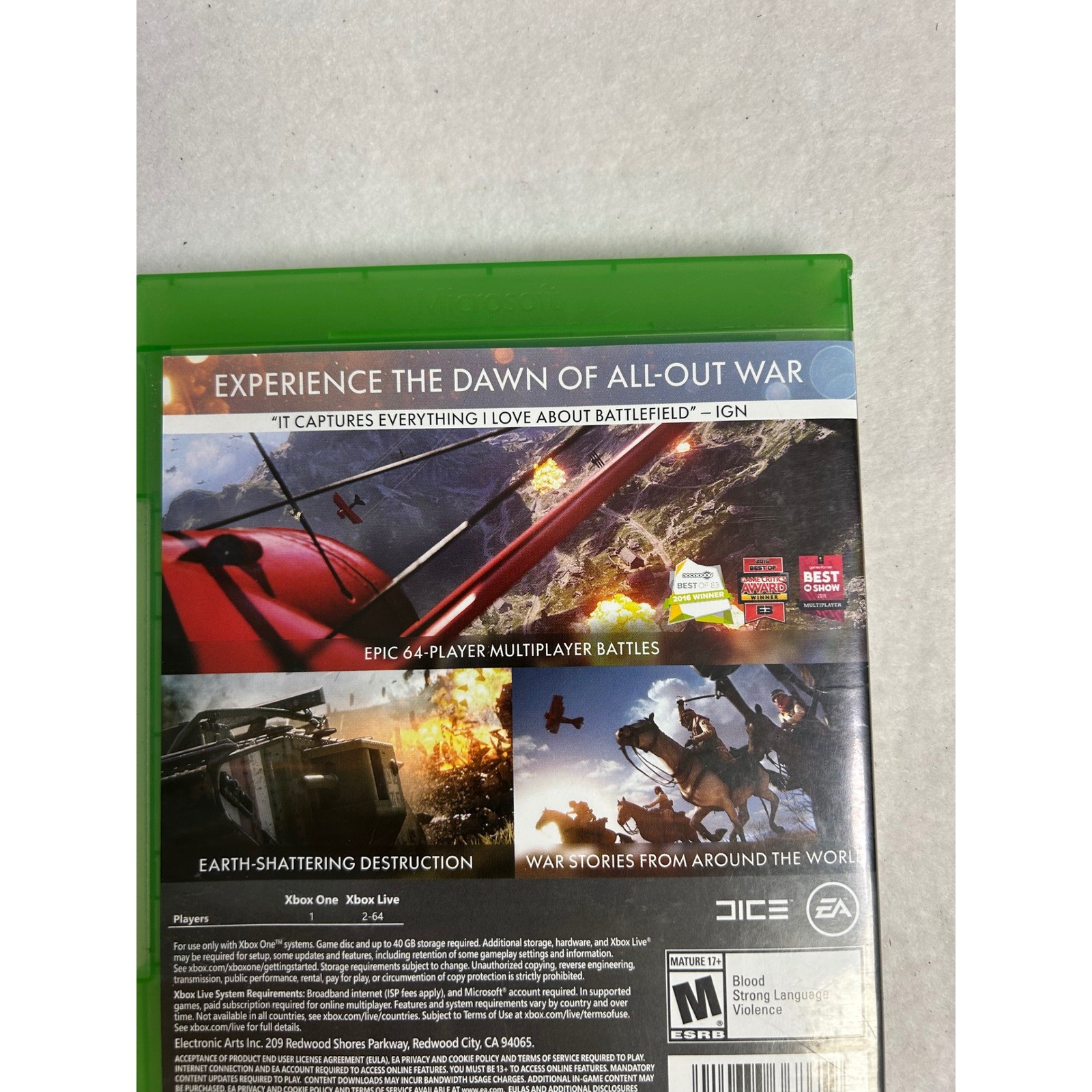 WWI FPS Battlefield 1 Xbox One Green Physical Disc Action Shooter Game