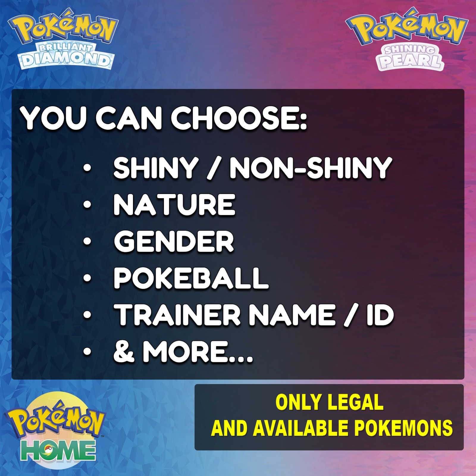 ✨Pick any Pokemon ✨Shiny ✨ Perfect 6 IV ✨ Brilliant Diamond & Shining Pearl