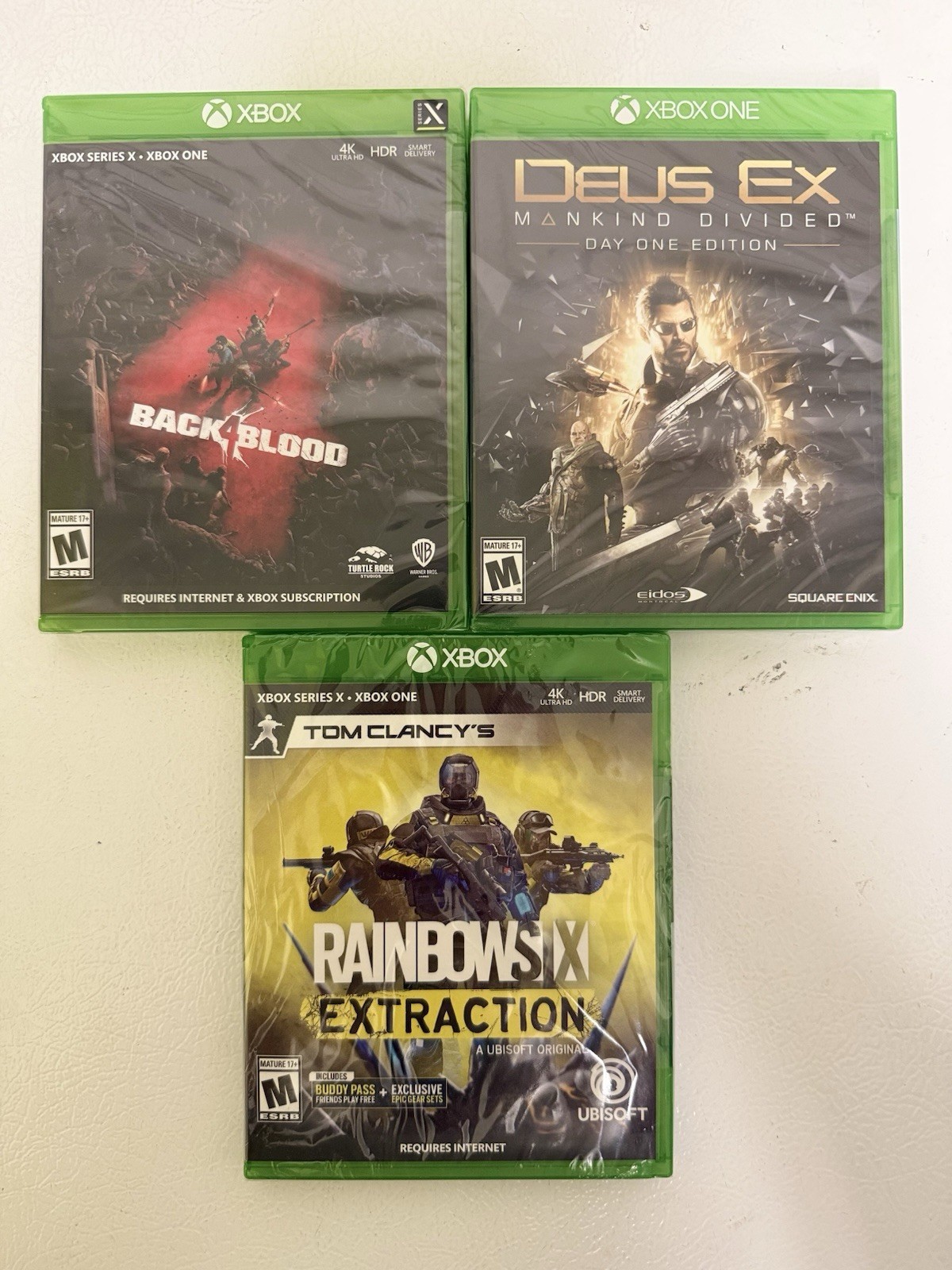 Back 4 Blood, Deus EX Day One Edition, R6 Extraction All New Sealed For Xbox
