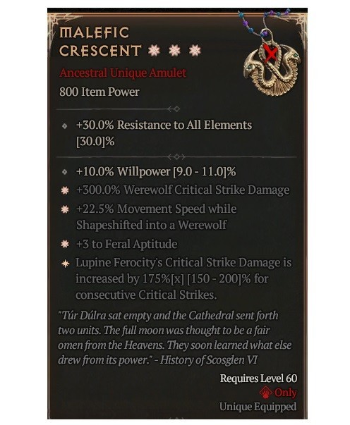Diablo 4 Eternal Malefic Crescent 3GA 175% Unique Amulet Druid Gear Equipment