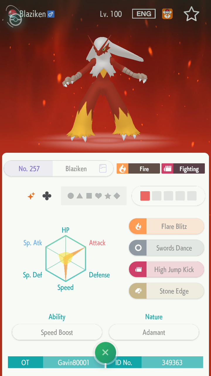 6IV Shiny Blaziken EV’D BATTLE READY Pokemon Sword Shield HOME