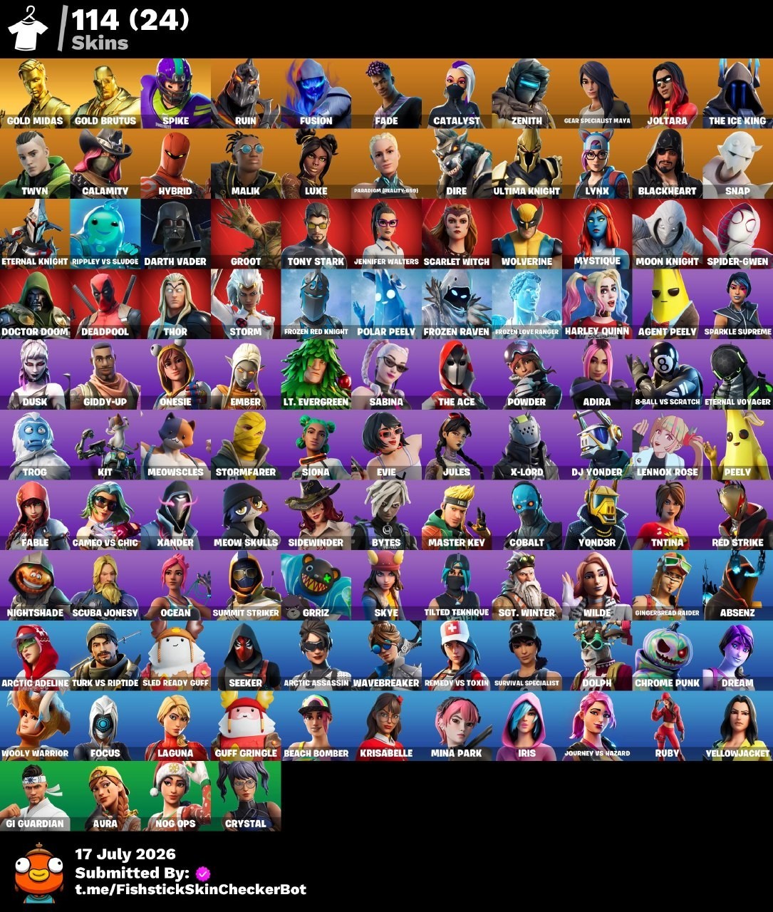 🔥114 Set: Spider-Gwen, Gold Midas,Deadpool, Marvel, Meowscless, Catalyst, Peely
