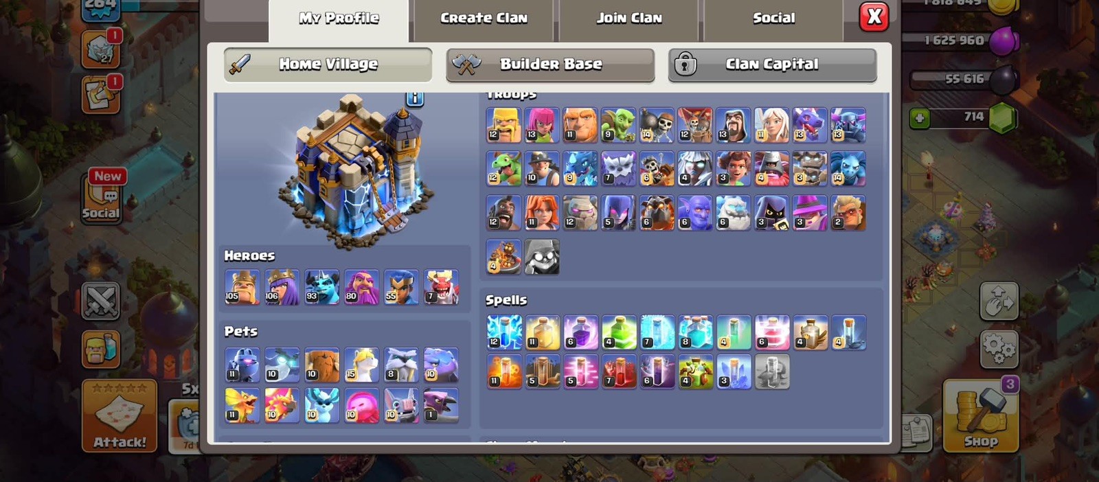 TH18 Near Max. Hero (105/105/90/80/55/5)Top Skns/Both device IOS/ANDROID.