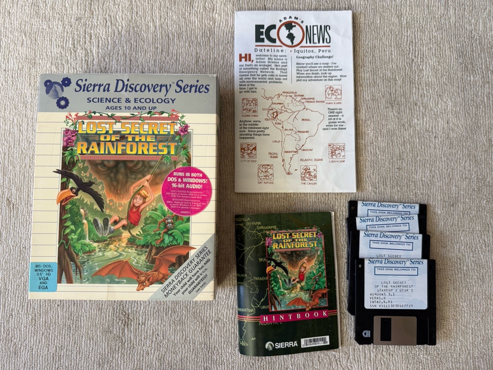 EcoQuest 2 Lost Secret of the Rainforest PC DOS Big Box Sierra + RARE Hint Book