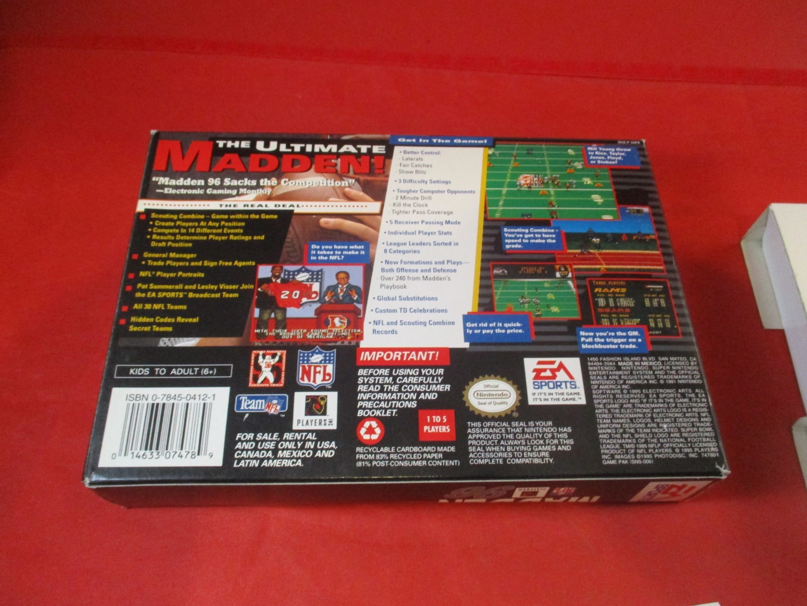 Madden 96 (Super Nintendo SNES) COMPLETE w/ Box manual game WORKS! 1996