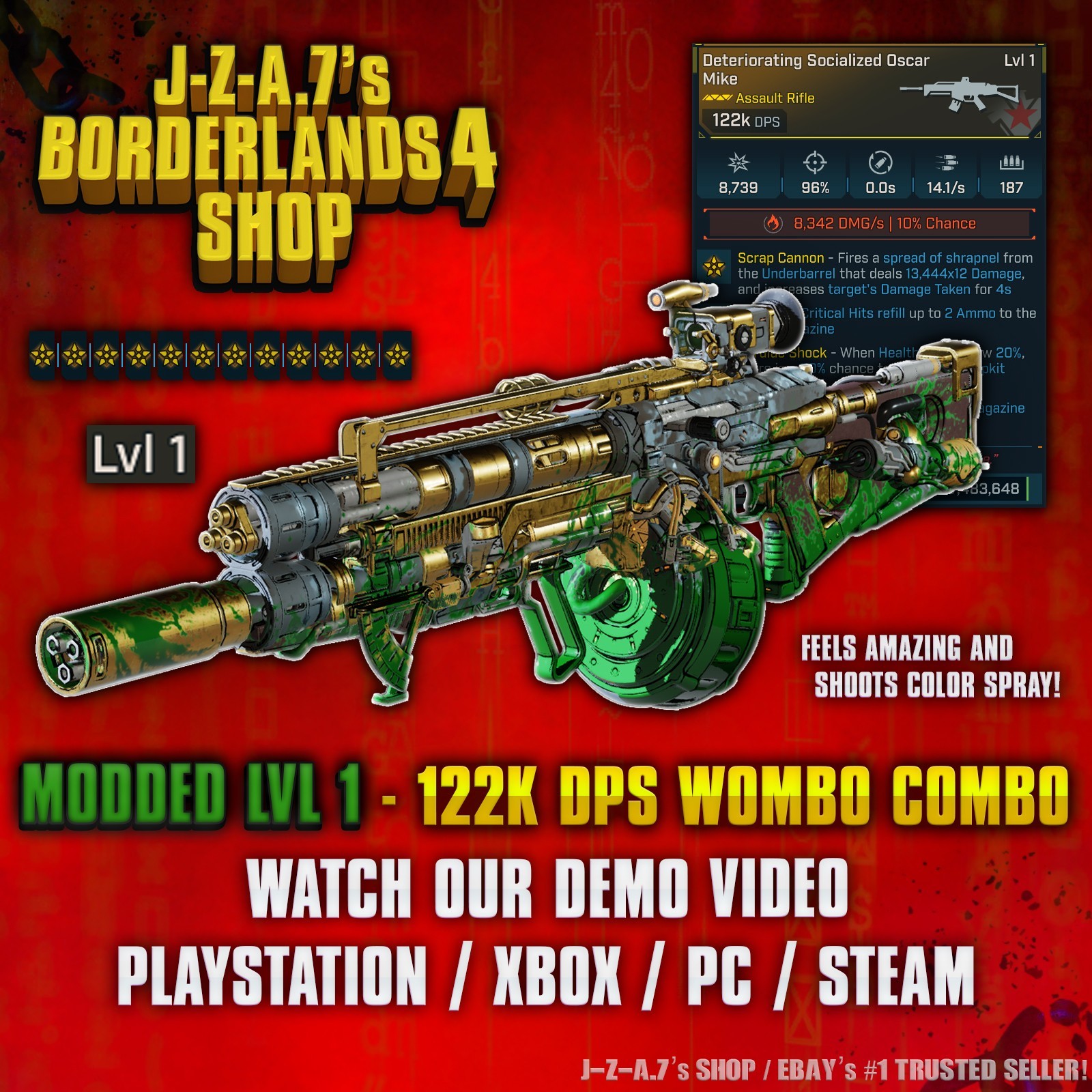 Borderlands 4✨ MODDED LEVEL 1 ONE 122K DPS WOMBO COMBO COLOR AR BL4✅PC-PS-XBOX✨