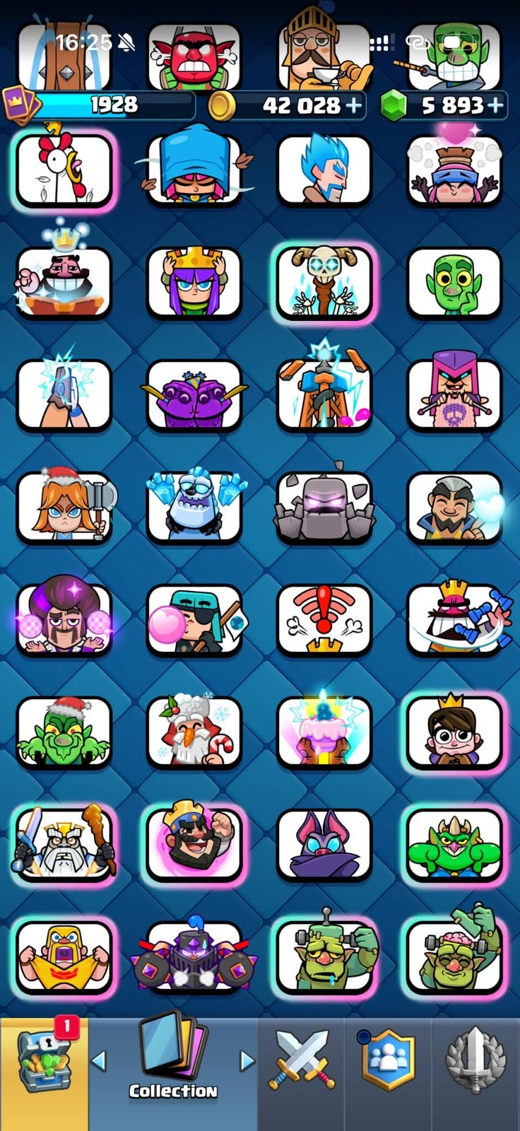 CR/LVL 75(80 Card LV 16-15-14) 13.5K Trophy/127 Emote/14 Tower Skin/32 Evoes