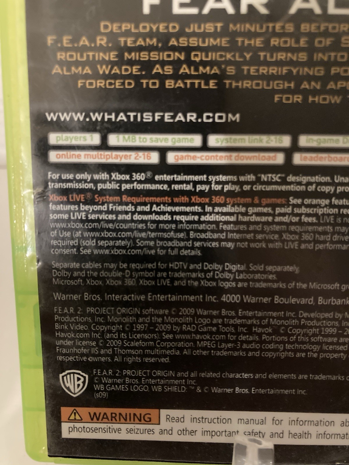 Project Origin: Fear 2 – Microsoft Xbox 360. Tested And Working. No Manual