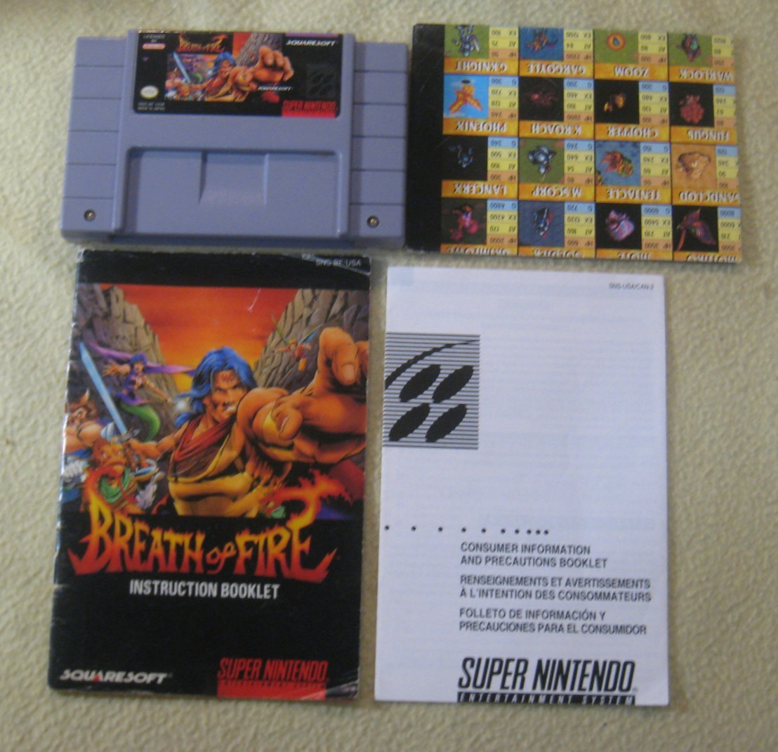 Breath of Fire +Manual/Charts for SNES .Authentic. Clean/Tested Nintendo RPG