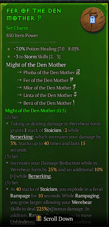 Season 14 Diablo 4 Softcore The Den Mother Charm Set +4 +3 Storm skill
