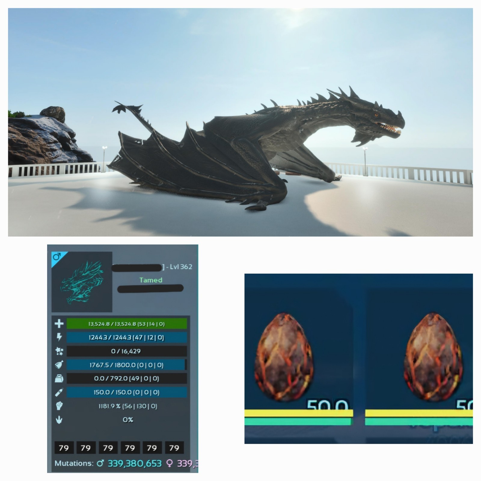 ARK ASCENDED PVE OFFICIAL 2 EGGS WYVERN FIRE BLACK ID79 TOP STATUS 1180% MELEE