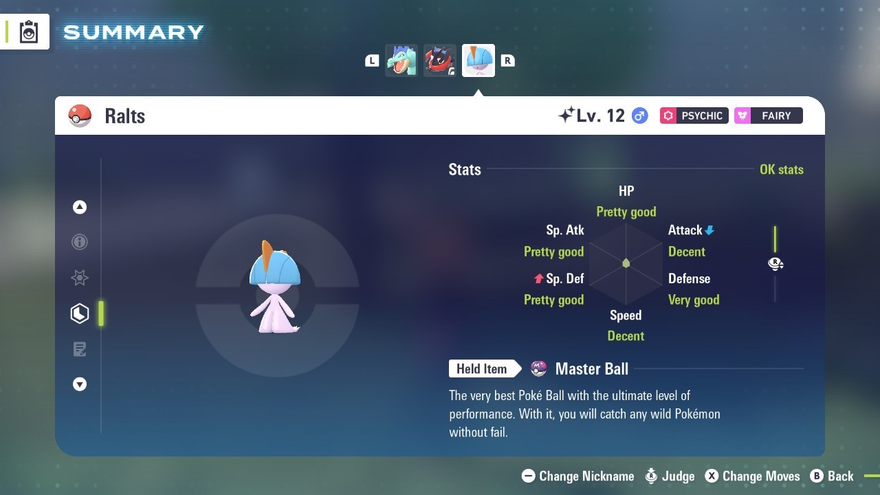 Shiny MALE Ralts Lv. 12 With Master Ball Pokémon Legends Z-A Gallade Pokemon ZA
