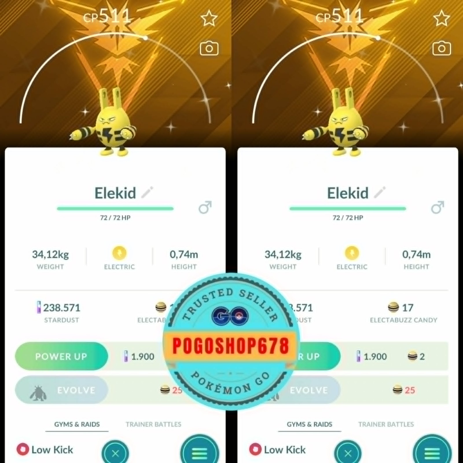 Pokémon PTC Go – Shiny Elekid with Spark Accessory Instinct Background ✨