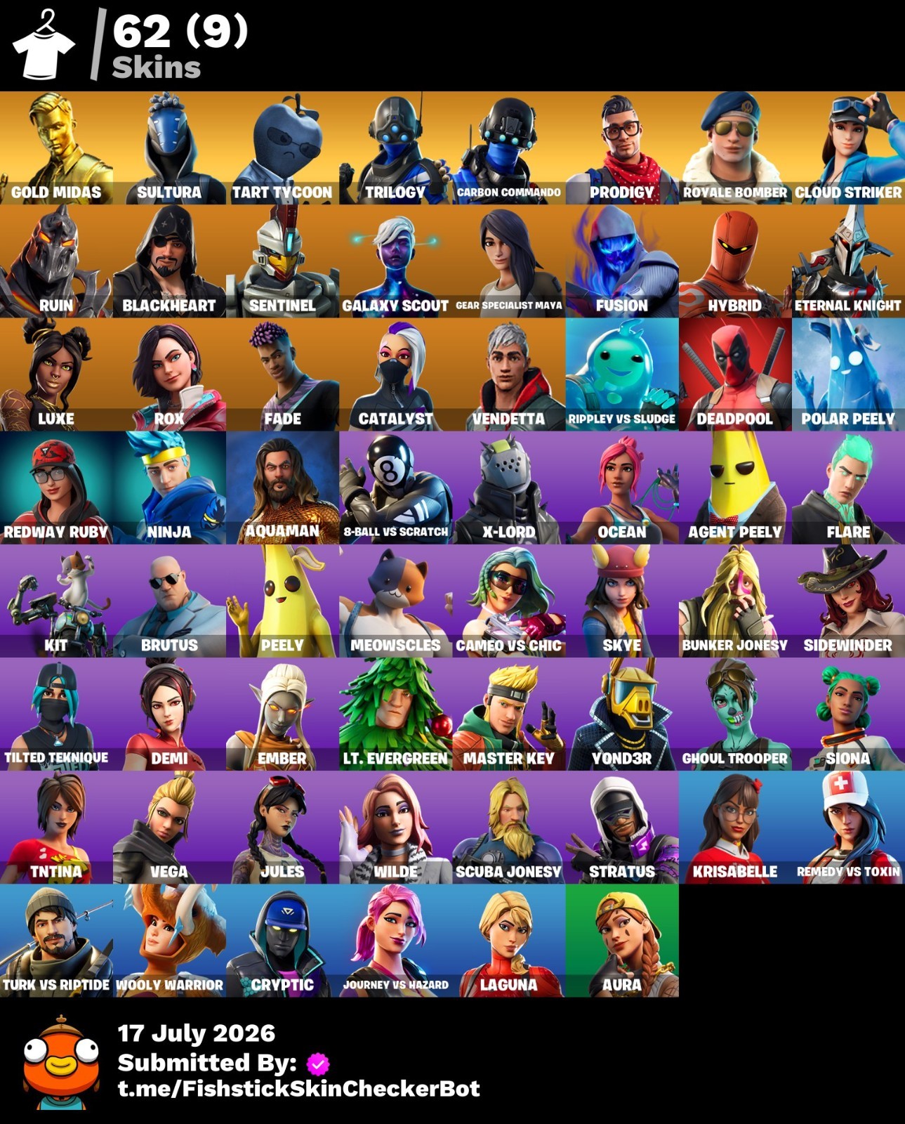 🔥62 Set: Gold Midas, Deadpool, Galaxy Scout, Catalyst, Peely, Agent Peely