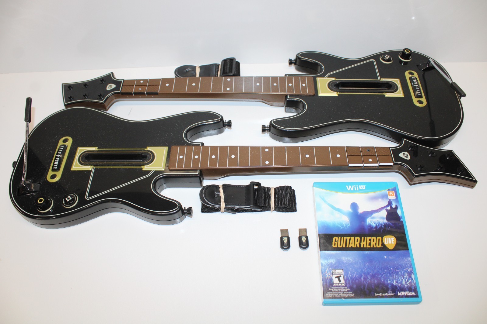 Nintendo Wii Guitar Hero Live Video Game with 2 Guitars, Straps & Dongles