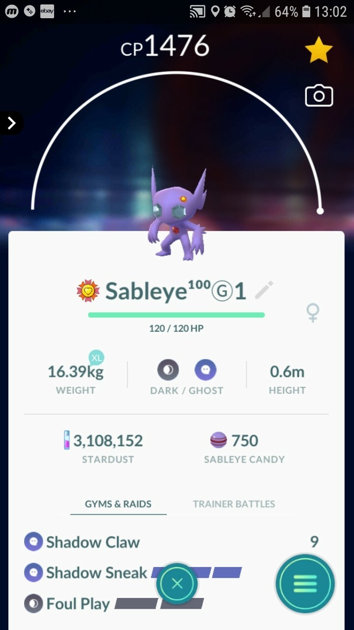 Sableye ( Maxed Out To Level 40 ) ( Two Charged Moves ) Pokemon Tr@de Go