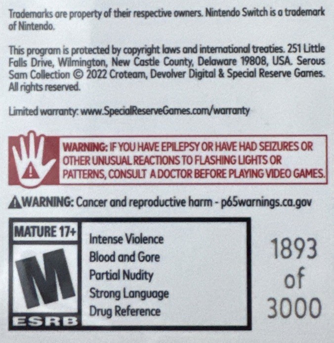 Serious Sam Collection Nintendo Switch Special Reserve Games Numbered New Sealed