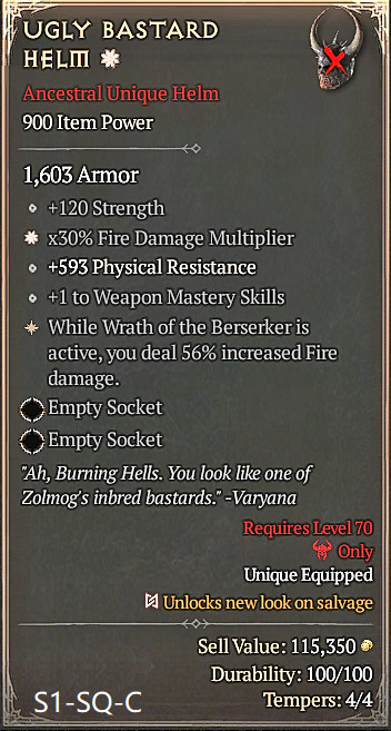🔥 Diablo 4 Season 14 🔥Ugly Bastard Helm 1 / 4 GA
