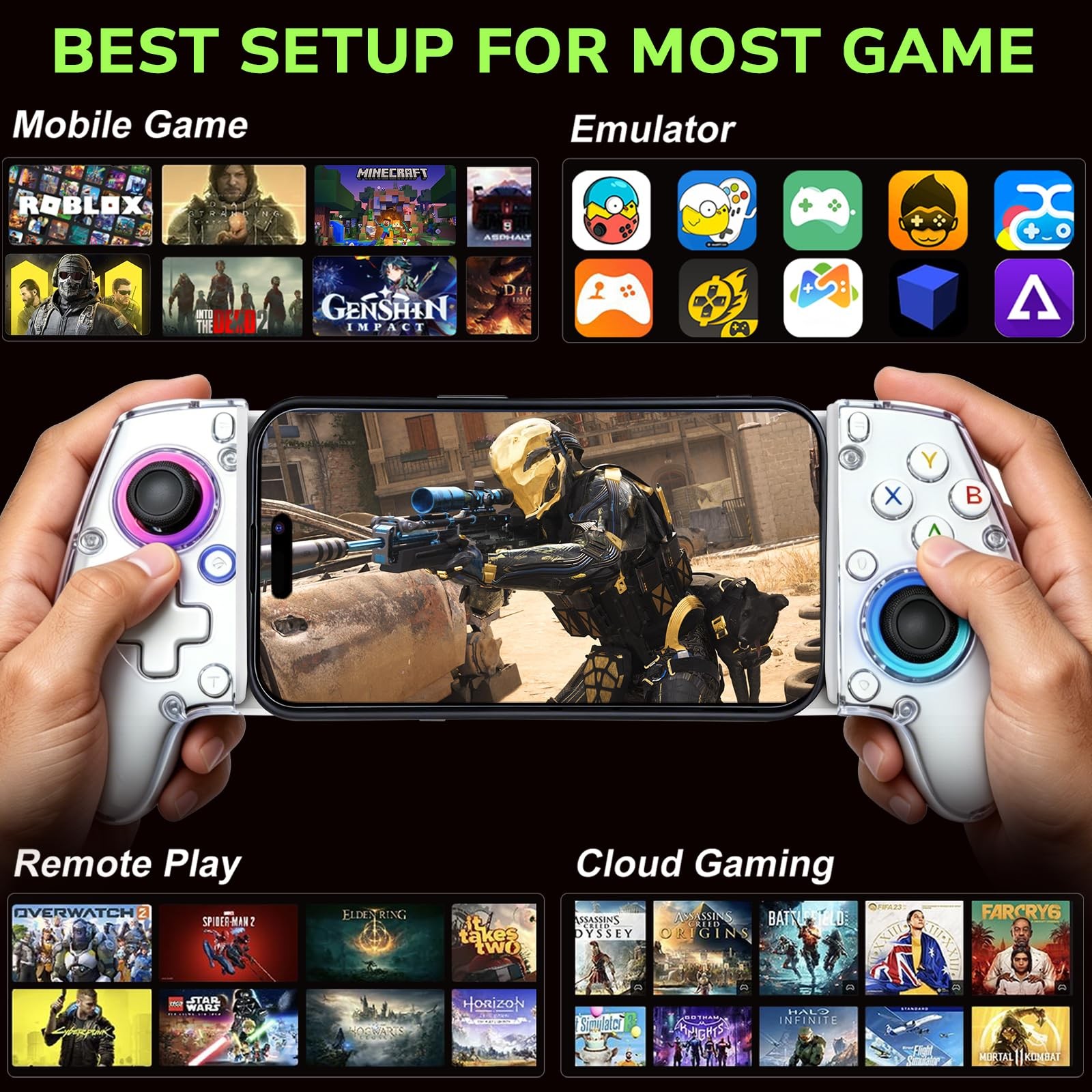 Transparent Wireless Gaming Controller: iOS/Android, PC/Console, RGB, Vibration