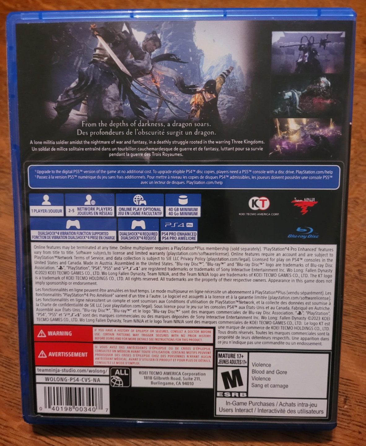WO LONG FALLEN DYNASTY Sony PlayStation 4 COMPLETE Action RPG PS4 Koei Tecmo CIB