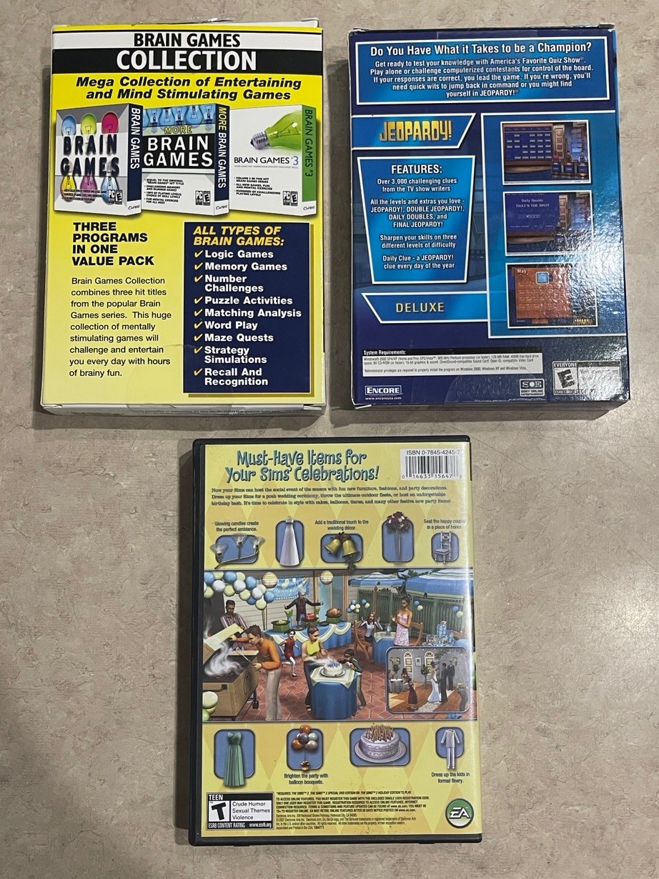 Brain Games Collection Jeopardy Sims 2 Celebration Stuff PC Game Lot Of 3 Tested