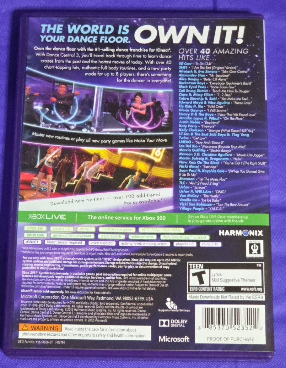 Dance Central 3 Xbox 360 includes Case, Game Disc, and Cards