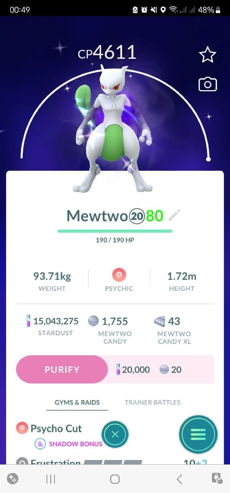 Pokémon G0 — Shiny Shadow Mewtwo (Maxed to Level 50 + Moves) (Purified )