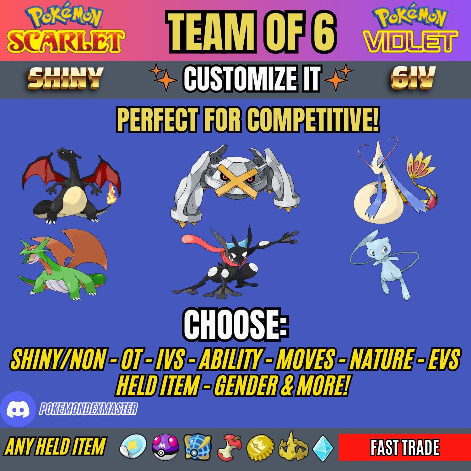 CUSTOM TEAM – ✨6 Pokemon Shiny✨6IV✨Competitive Legit – Pokémon Scarlet & Violet