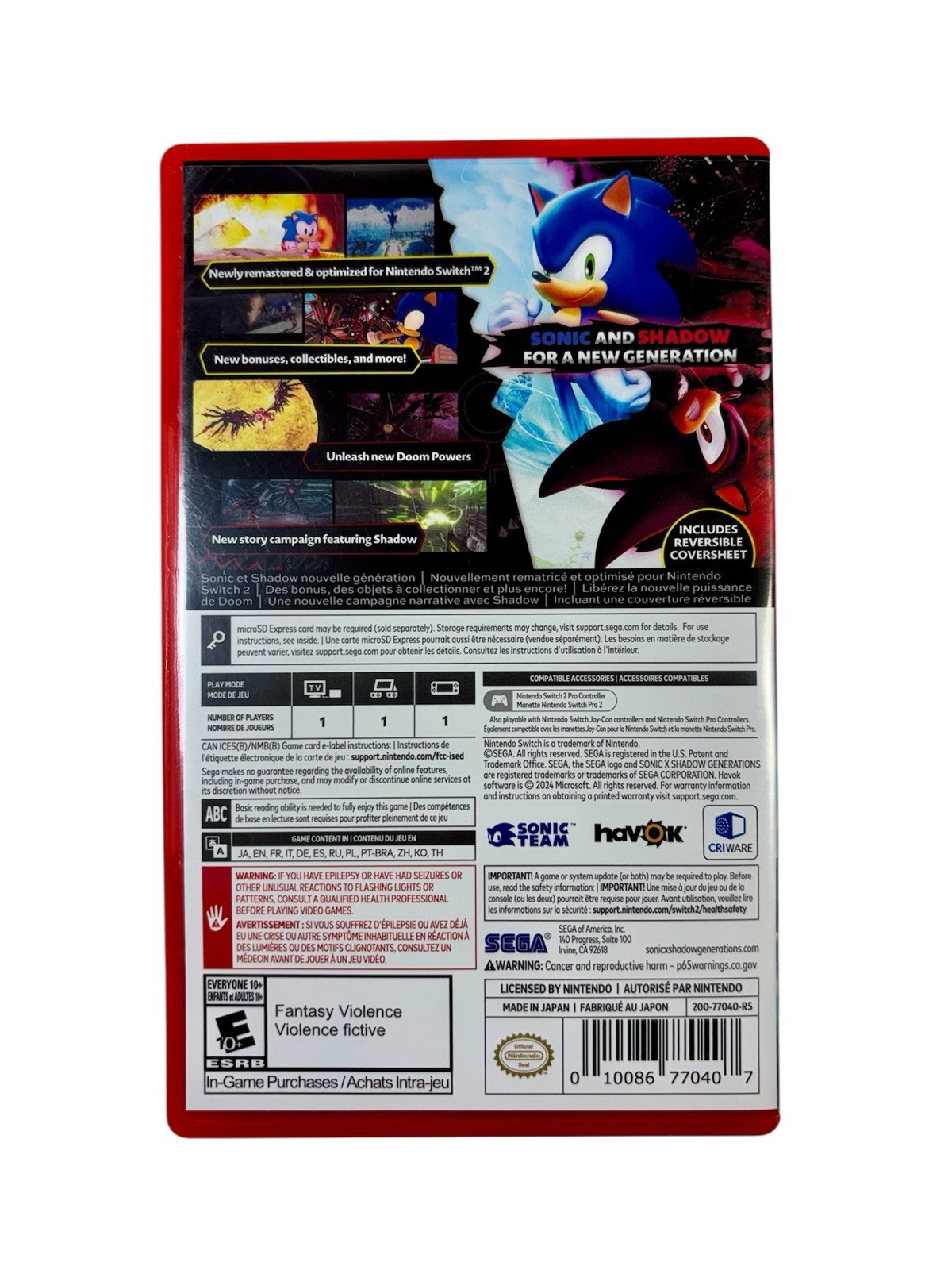 Sonic X Shadow Generations for Nintendo Switch 2 (Game-Key Card) – Day 1 Edition