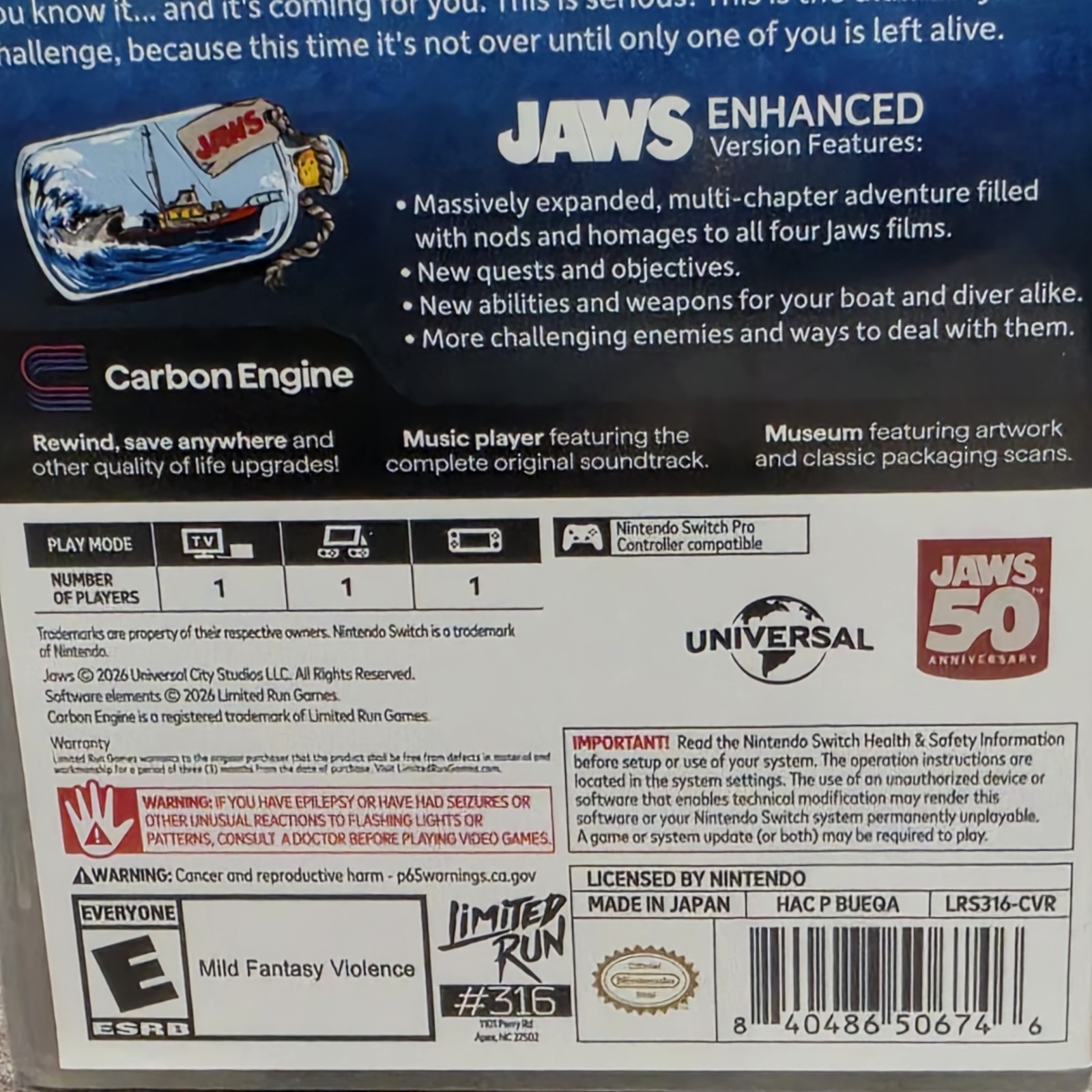 Jaws Retro Edition Switch Nintendo Limited Run #316 New Sealed