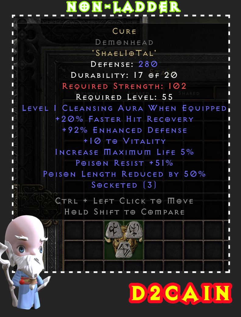 Diablo 2 SC⭐️Non-Ladder⭐️Made Runeword CURE NON-ETH Elite Base⭐️PC/SWITCH/PS