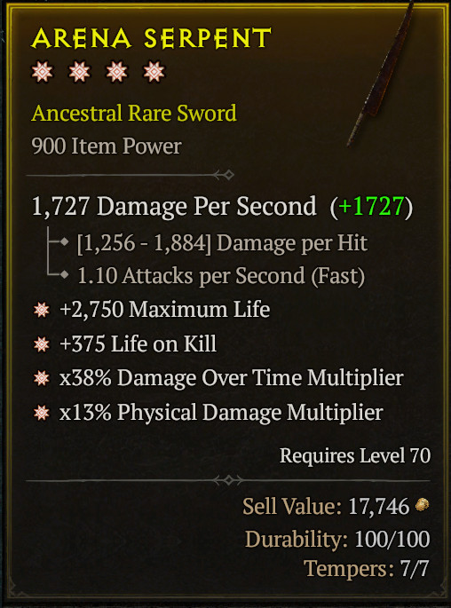 😈 DIABLO 4 SEASON 13 😈 4 GA Sword 🔥 Ancestral Rare Sword 🔥 Arena Serpent
